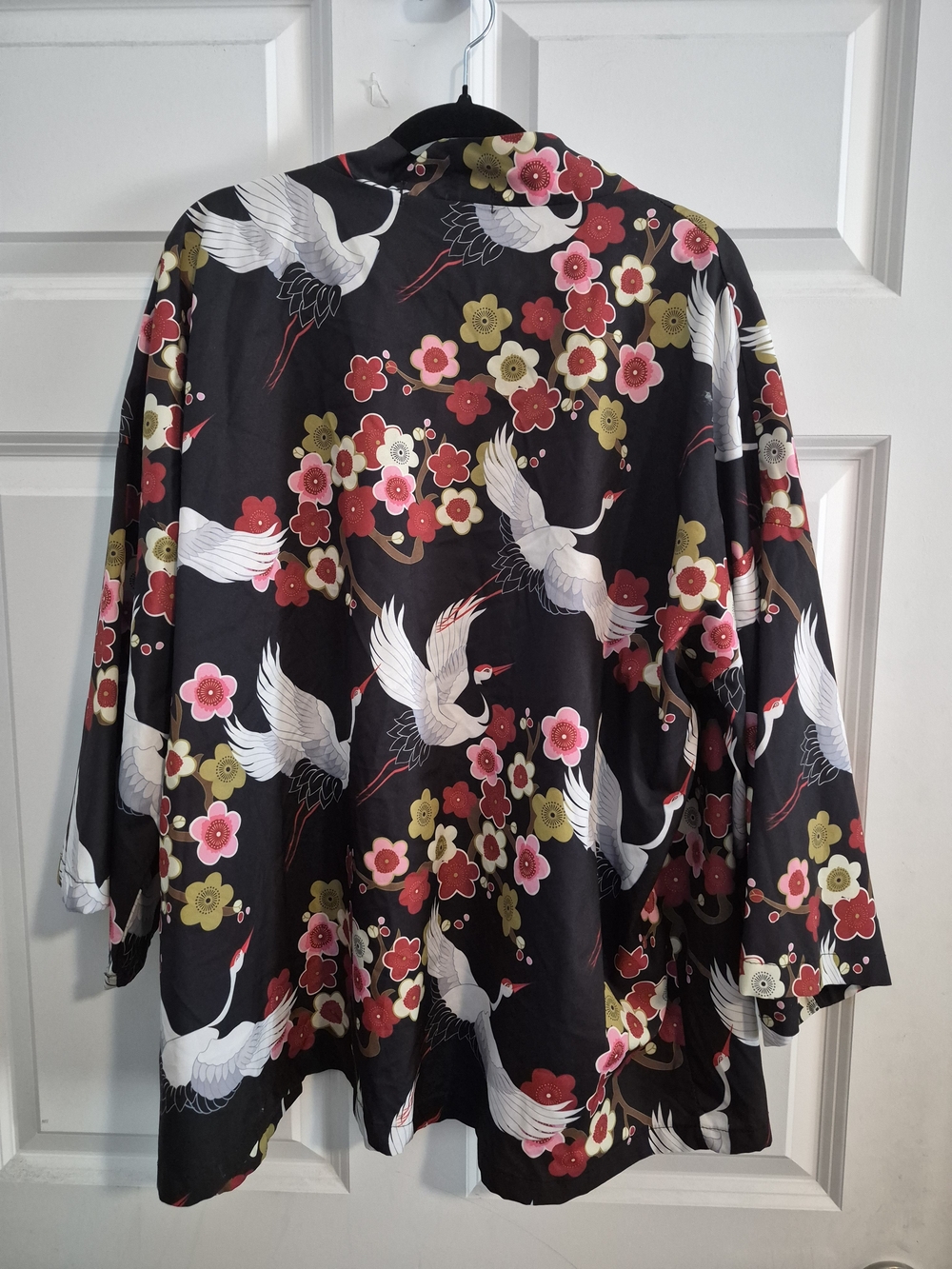 Haori Black Crane & Floral Kimono Cardigan Festival Resort- Large